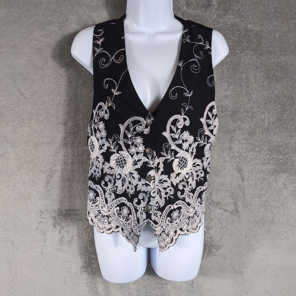 Vintage Casual Corner Size M Black Embroidered Floral Vest Womens